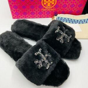 Tory Burch NWT Double T black shearling jeweled slides SZ 6.5M